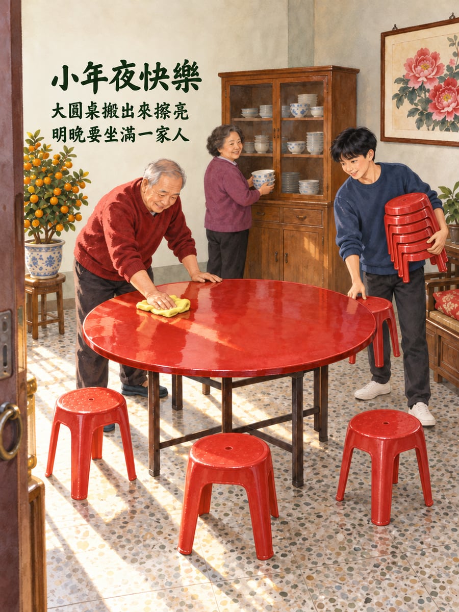 搬出大圓桌擦亮。圖中文字：小年夜快樂，大圓桌搬出來擦亮，明晚要坐滿一家人