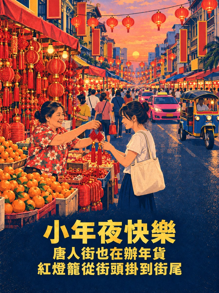 曼谷耀華力路辦年貨。圖中文字：小年夜快樂，唐人街也在辦年貨，紅燈籠從街頭掛到街尾