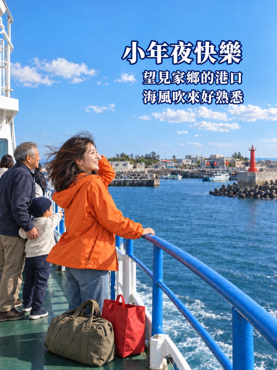 渡輪甲板上望見家鄉港口。圖中文字：小年夜快樂，望見家鄉的港口，海風吹來好熟悉