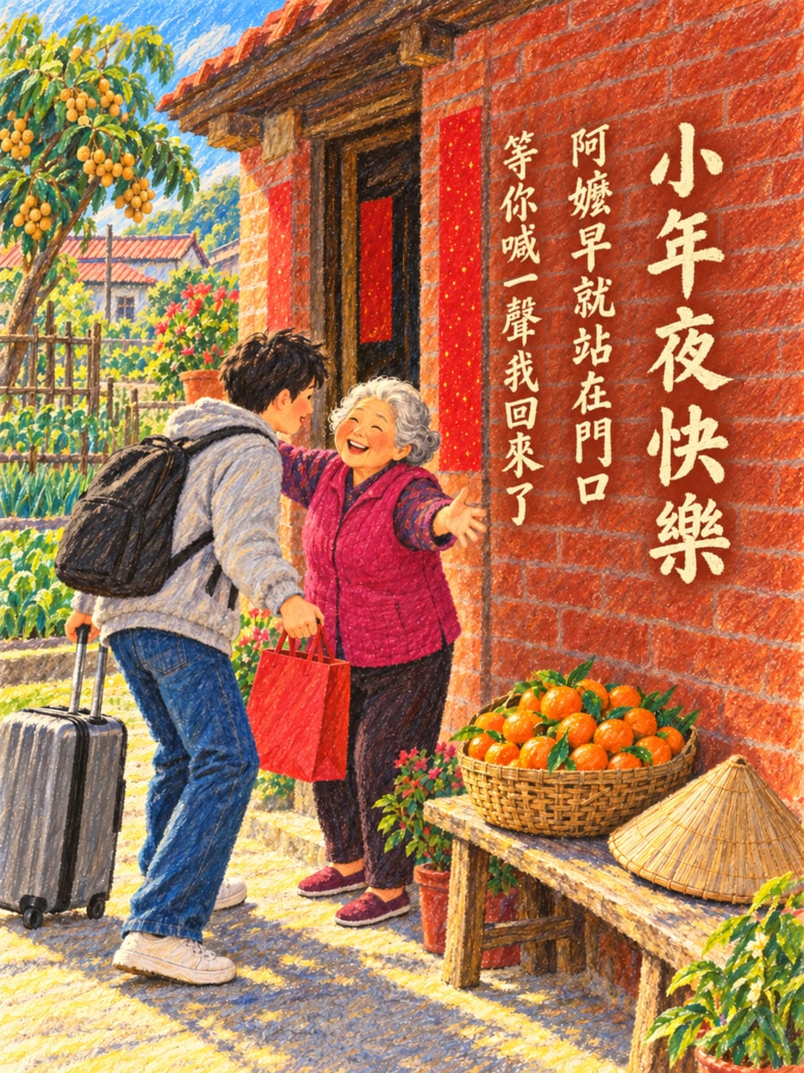 阿嬤在門口接到返鄉的孫子。圖中文字：小年夜快樂，阿嬤早就站在門口，等你喊一聲我回來了
