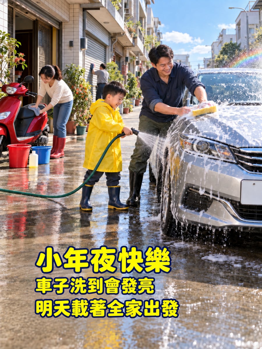 家門口洗車準備返鄉。圖中文字：小年夜快樂，車子洗到會發亮，明天載著全家出發