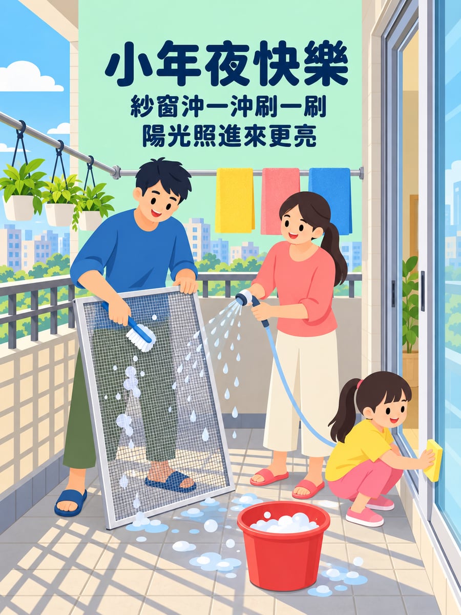 全家洗紗窗。圖中文字：小年夜快樂，紗窗沖一沖刷一刷，陽光照進來更亮