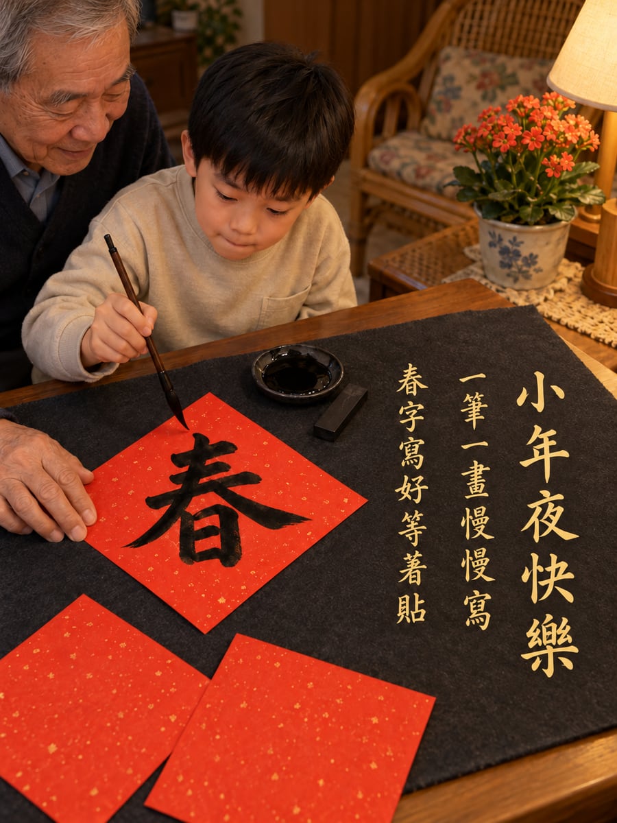 小朋友練寫春字。圖中文字：小年夜快樂，一筆一畫慢慢寫，春字寫好等著貼