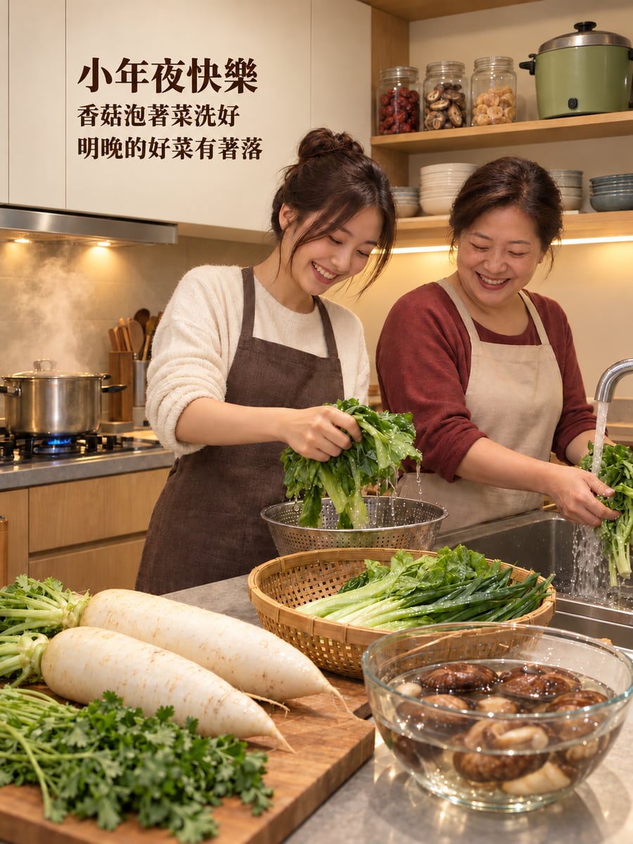 晚上廚房泡香菇洗菜。圖中文字：小年夜快樂，香菇泡著菜洗好，明晚的好菜有著落
