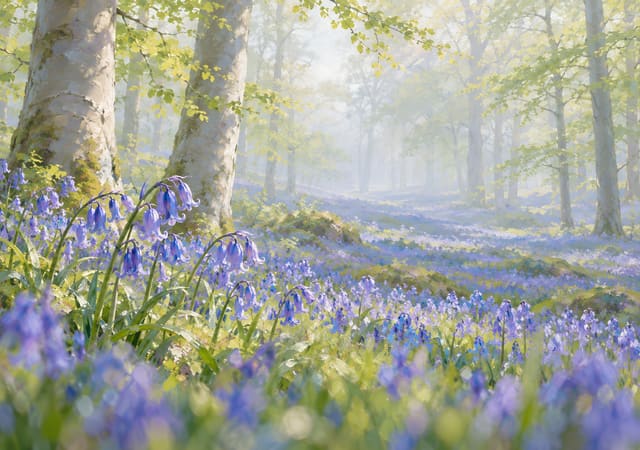 Alfombra de jacintos bajo las hayas, fondo de pantalla iPhone Duo para la pantalla interior, sin texto