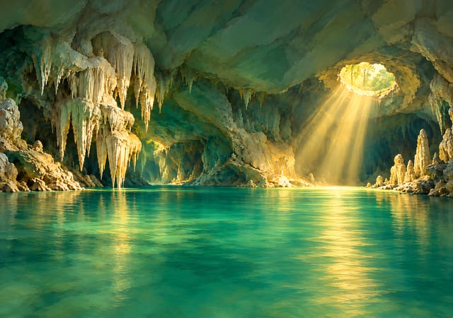 Lago en una cueva bajo un rayo de sol, fondo de pantalla iPhone Duo para la pantalla interior, sin texto