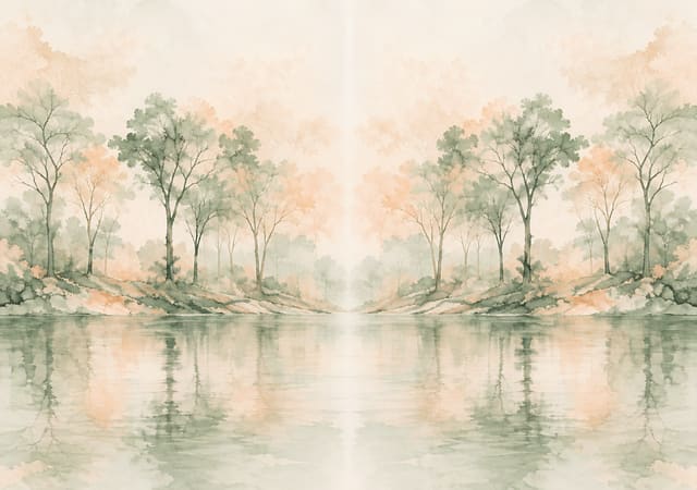 Arboleda en espejo junto al agua, fondo de pantalla iPhone Duo para la pantalla interior, sin texto