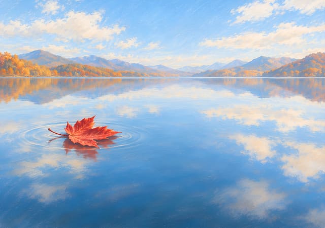 Una hoja de arce en un lago como espejo, fondo de pantalla iPhone Duo para la pantalla interior, sin texto