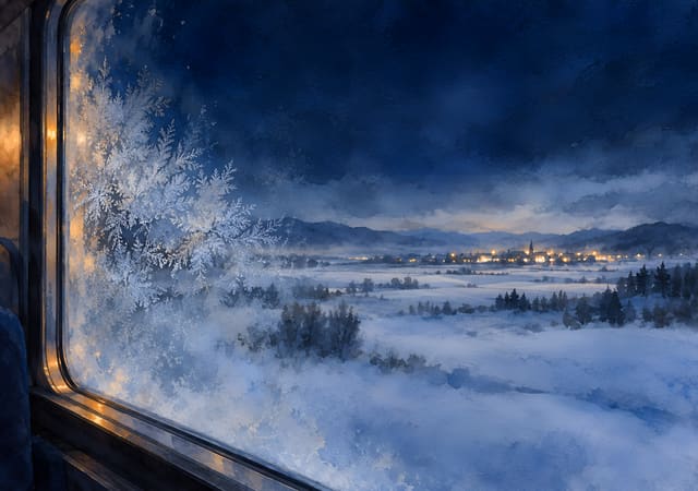 Pueblo nevado desde el tren nocturno, fondo de pantalla iPhone Duo para la pantalla interior, sin texto