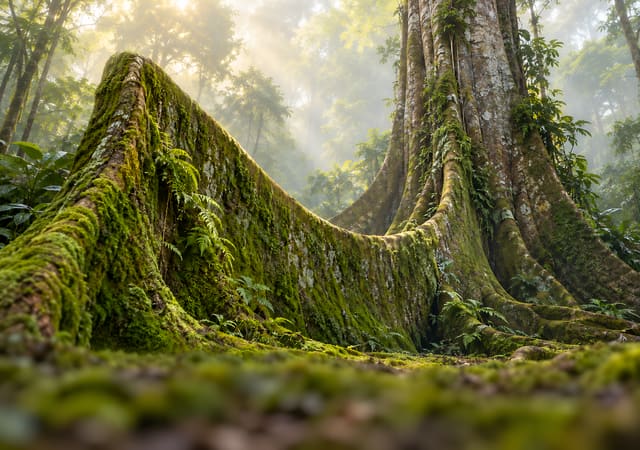 Raíces de un árbol gigante de la selva, fondo de pantalla iPhone Duo para la pantalla interior, sin texto