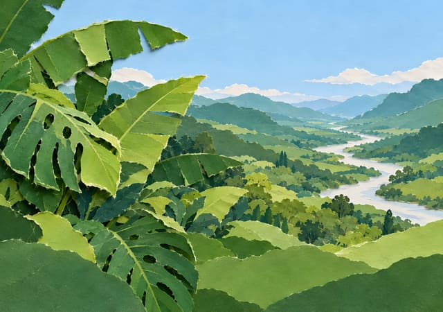 Selva de papel rasgado y valle con río, fondo de pantalla iPhone Duo para la pantalla interior, sin texto
