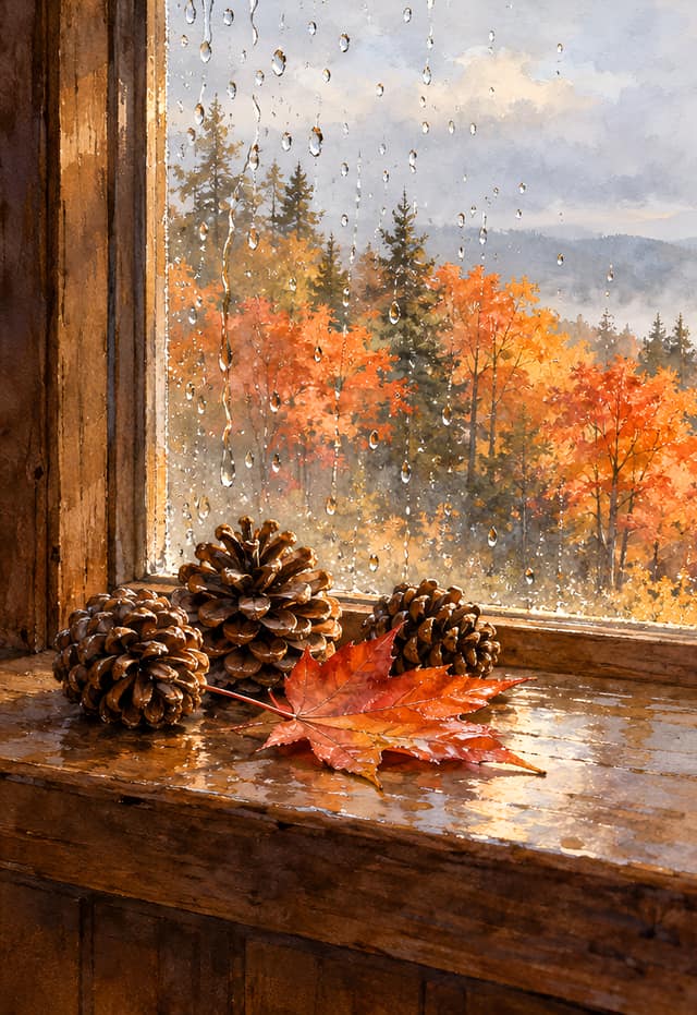 Conos de pino y bosque tras la lluvia, fondo de pantalla iPhone Duo para la pantalla exterior, sin texto