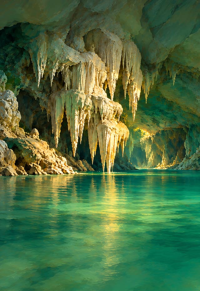 Lago en una cueva bajo un rayo de sol, fondo de pantalla iPhone Duo para la pantalla exterior, sin texto