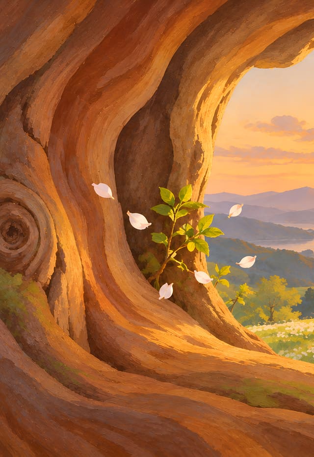 Lubang pohon tua dan lereng berbunga, wallpaper iPhone Duo layar luar, tanpa teks
