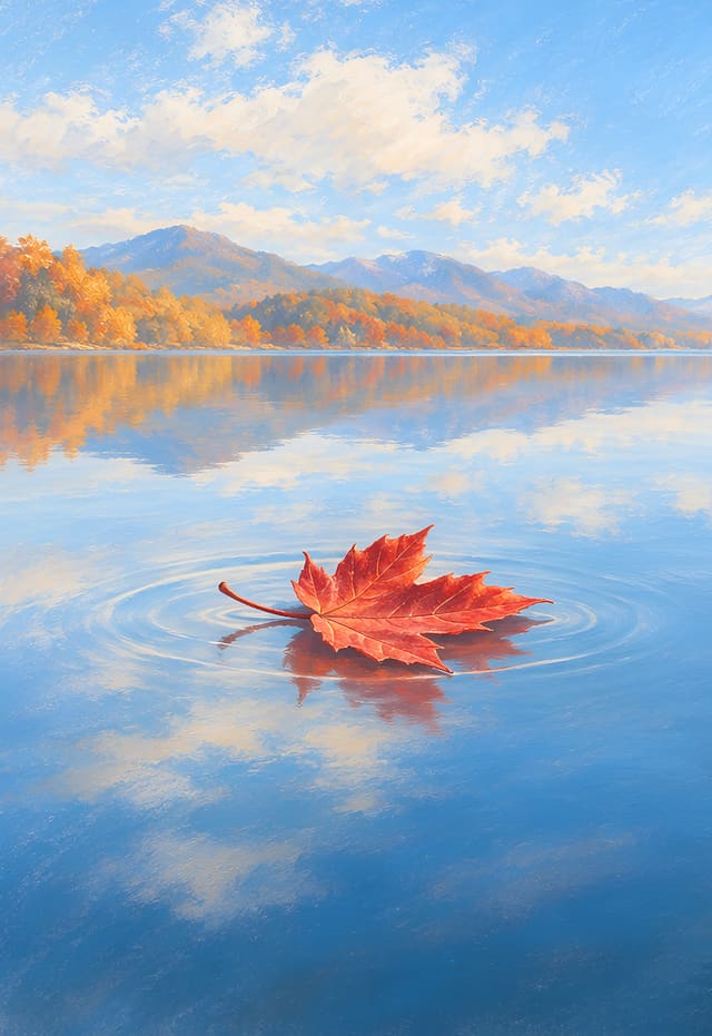 Una hoja de arce en un lago como espejo, fondo de pantalla iPhone Duo para la pantalla exterior, sin texto
