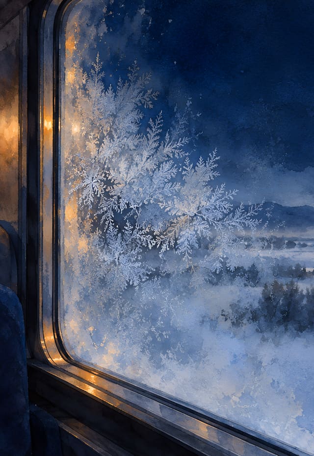 Pueblo nevado desde el tren nocturno, fondo de pantalla iPhone Duo para la pantalla exterior, sin texto