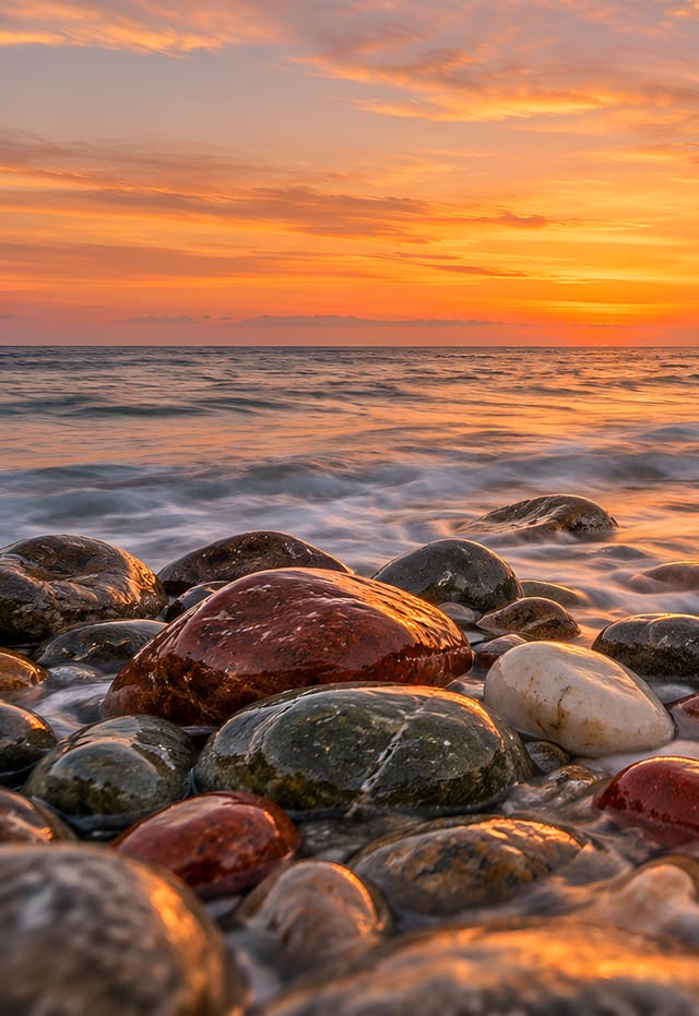 Pantai kerikil warna-warni saat senja, wallpaper iPhone Duo layar luar, tanpa teks