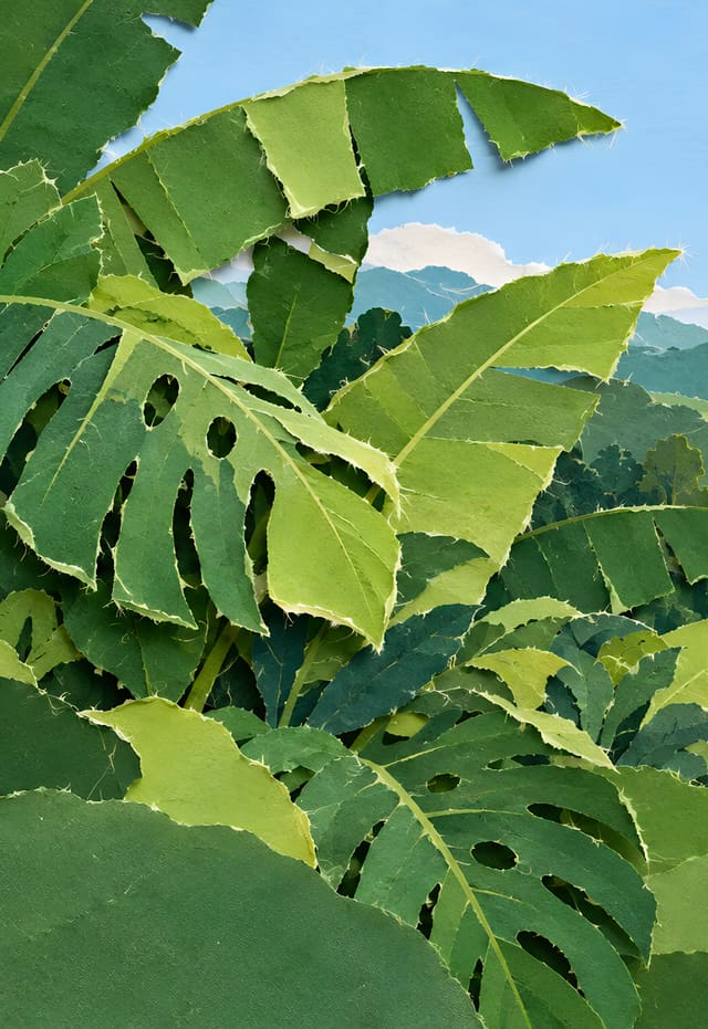 Selva de papel rasgado y valle con río, fondo de pantalla iPhone Duo para la pantalla exterior, sin texto