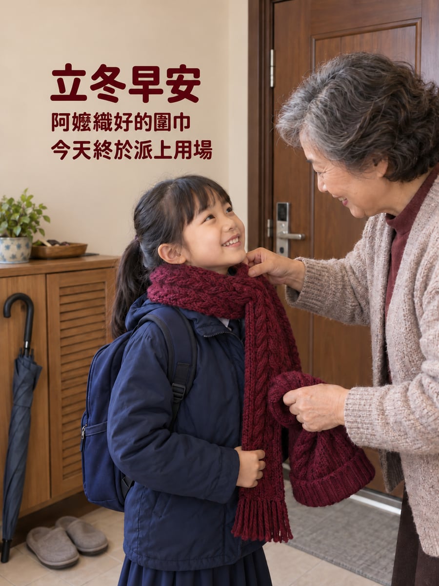 阿嬤織的圍巾。圖中文字：立冬早安，阿嬤織好的圍巾，今天終於派上用場