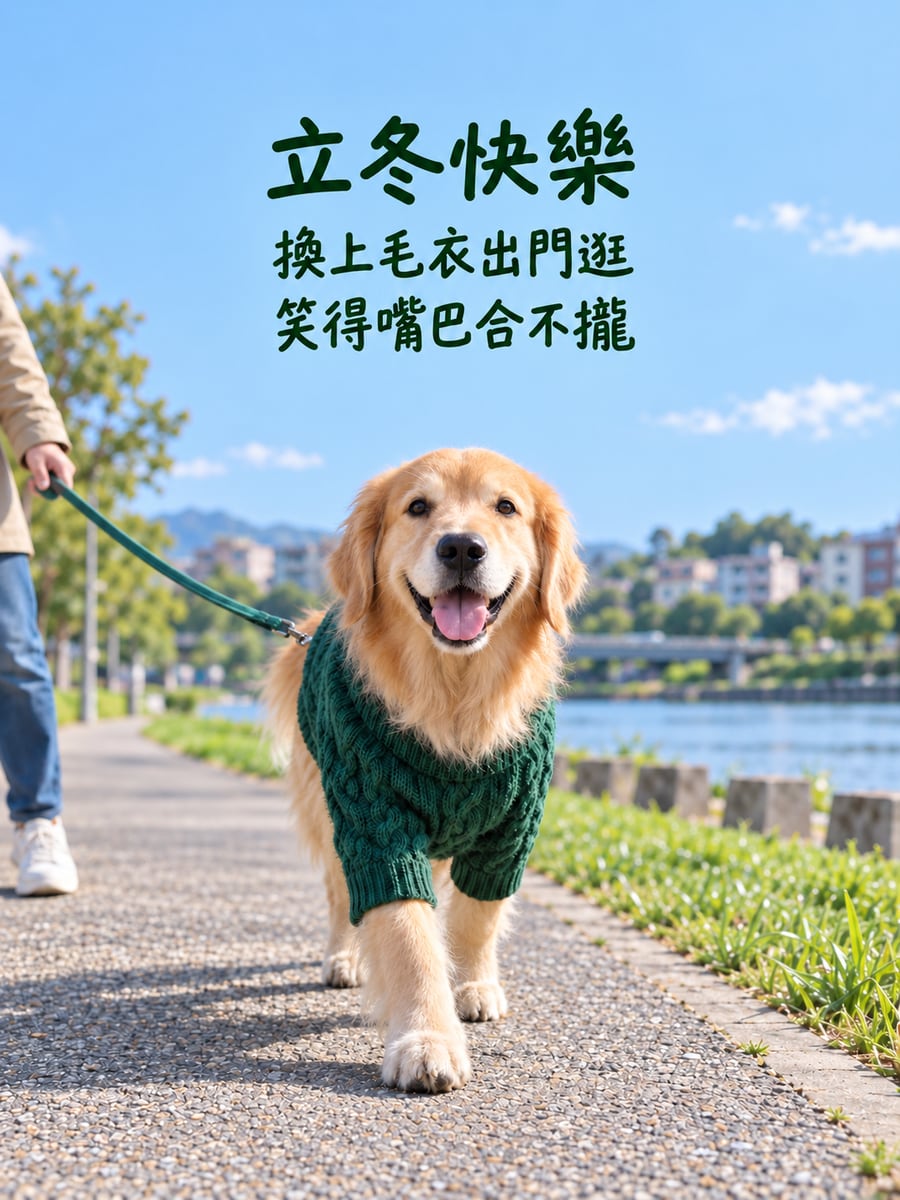 穿毛衣的黃金獵犬。圖中文字：立冬快樂，換上毛衣出門逛，笑得嘴巴合不攏