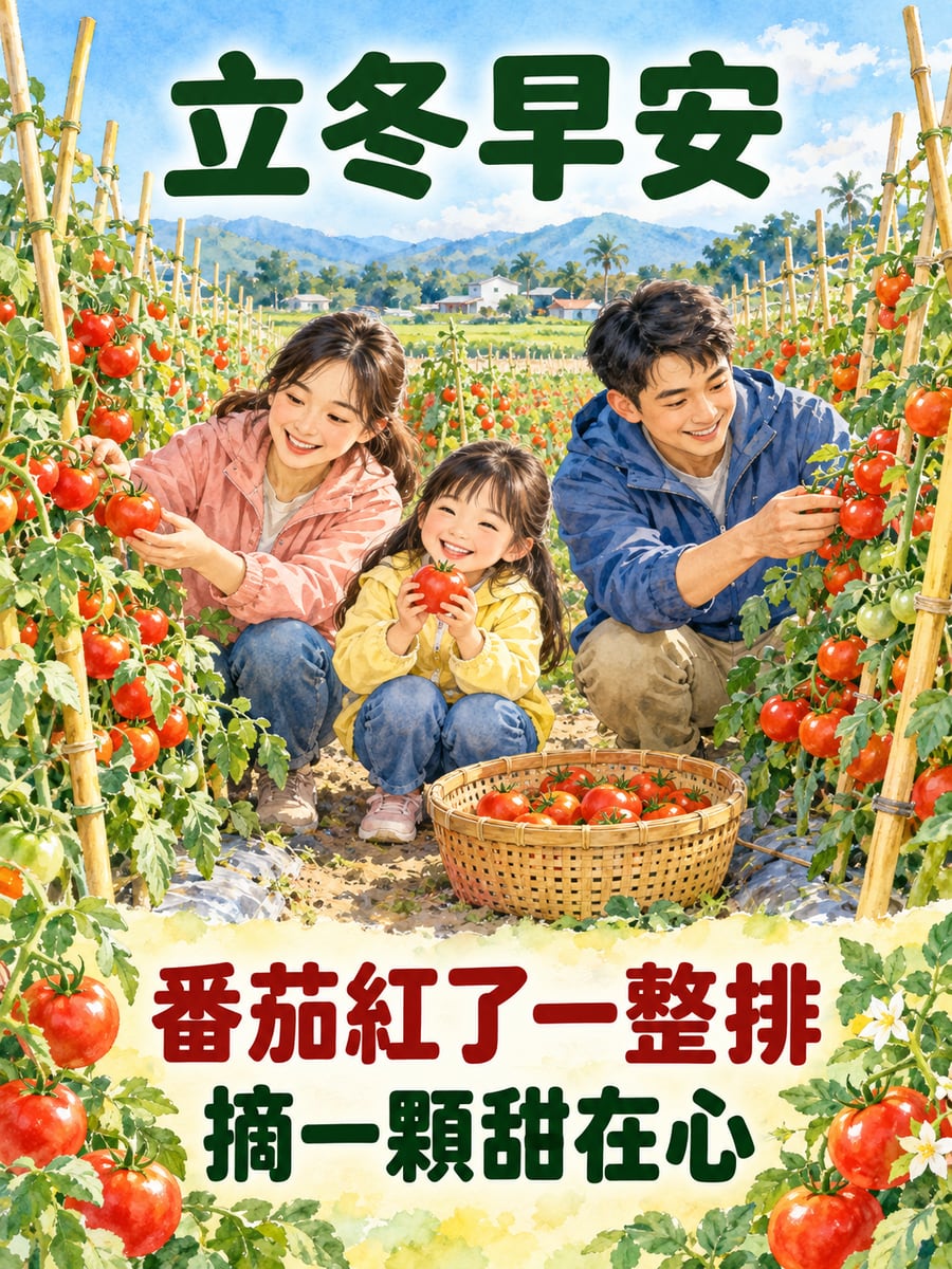 冬天的番茄紅了。圖中文字：立冬早安，番茄紅了一整排，摘一顆甜在心
