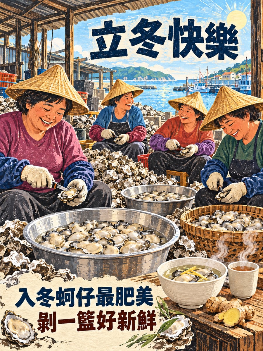 剝蚵仔的早晨。圖中文字：立冬快樂，入冬蚵仔最肥美，剝一籃好新鮮