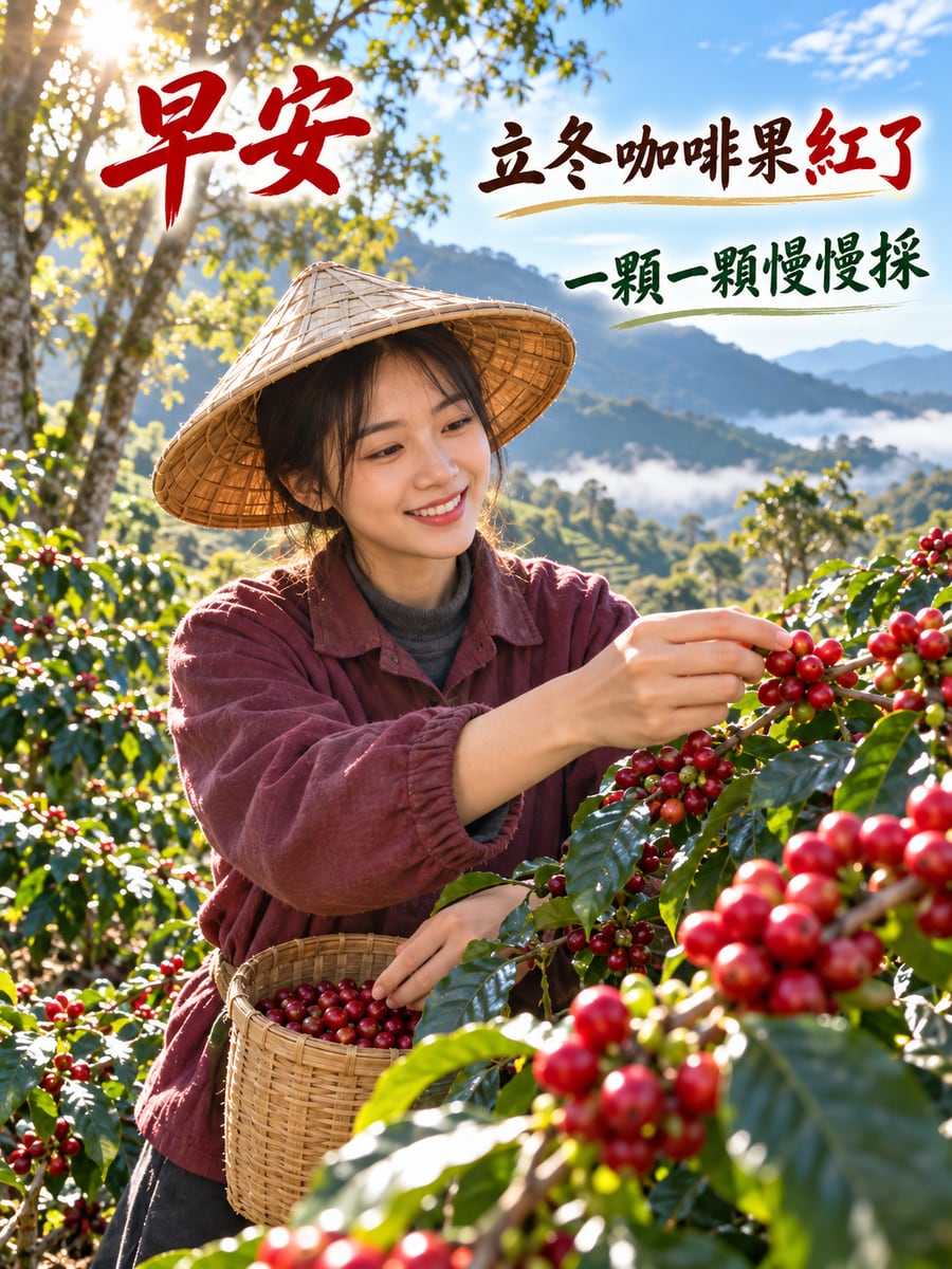 咖啡果紅了。圖中文字：早安，立冬咖啡果紅了，一顆一顆慢慢採