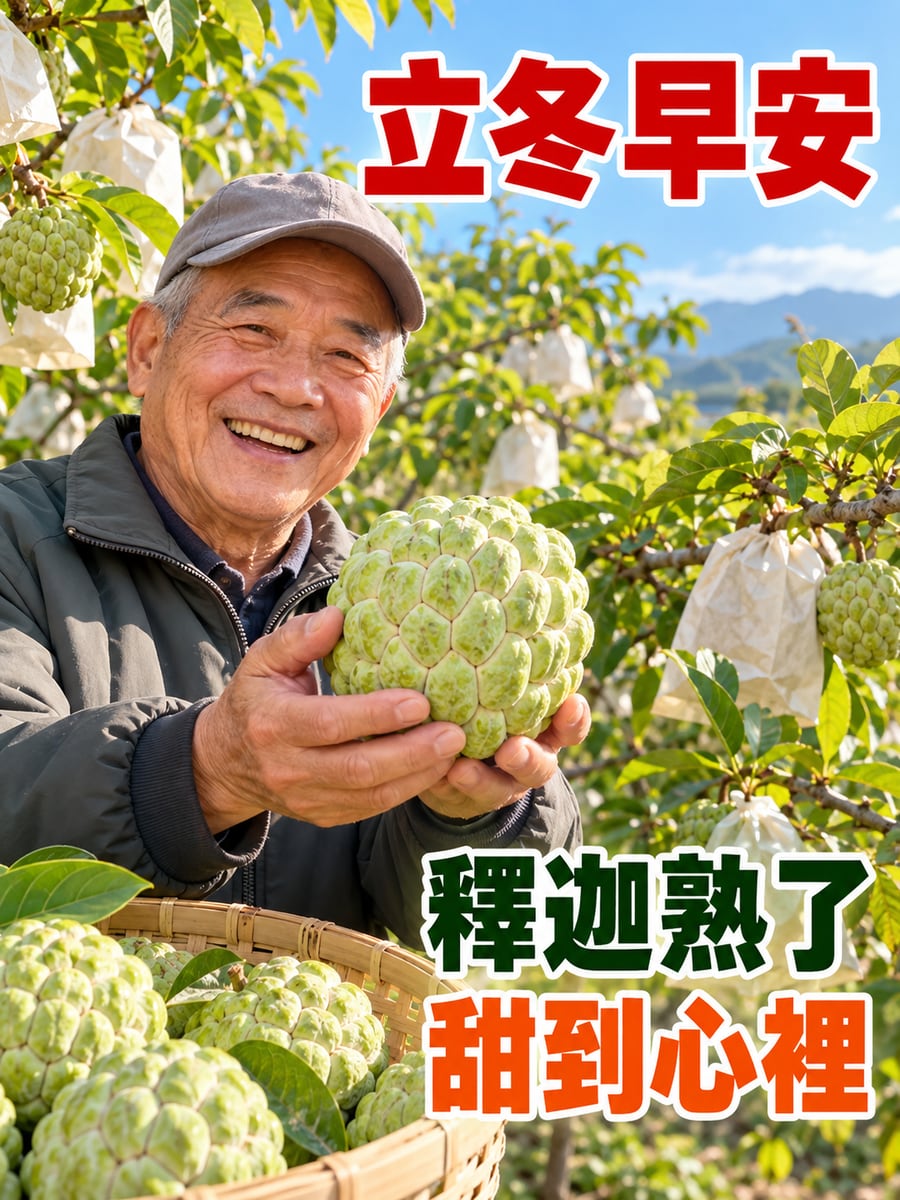 阿公的釋迦熟了。圖中文字：立冬早安，釋迦熟了，甜到心裡