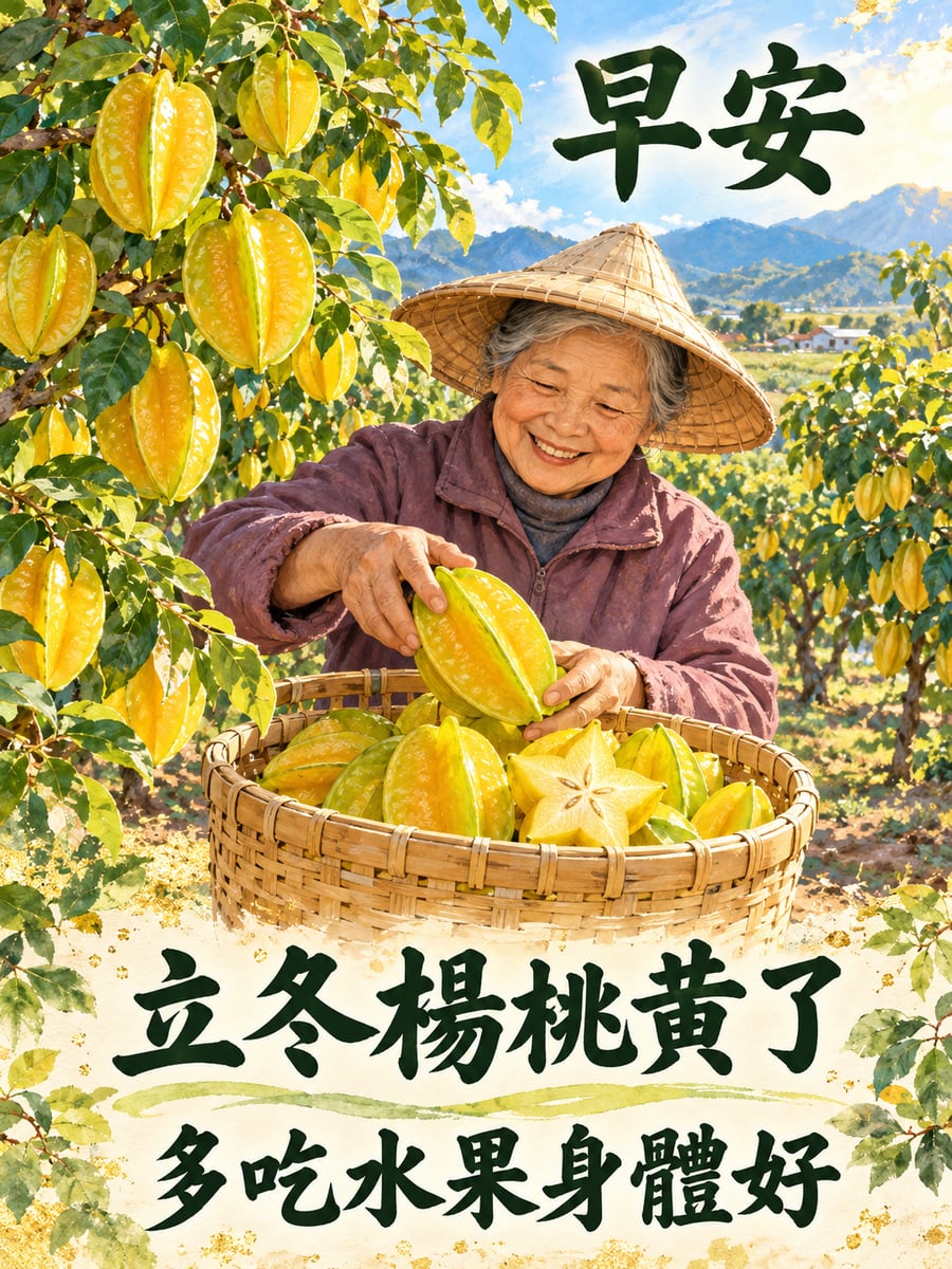 楊桃黃澄澄。圖中文字：早安，立冬楊桃黃了，多吃水果身體好