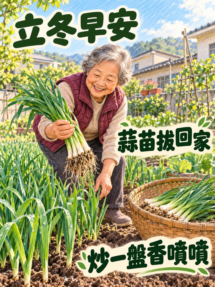 菜園拔蒜苗。圖中文字：立冬早安，蒜苗拔回家，炒一盤香噴噴