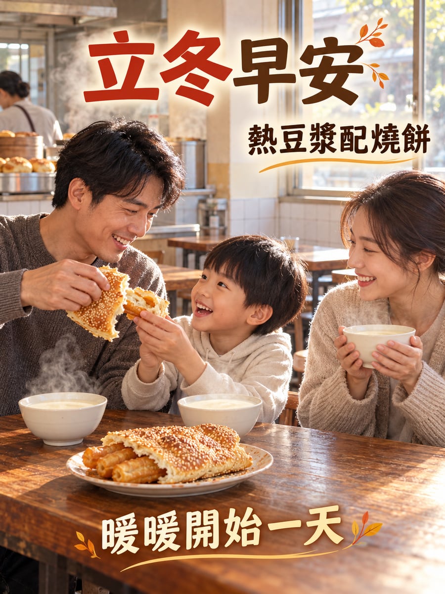 熱豆漿配燒餅。圖中文字：立冬早安，熱豆漿配燒餅，暖暖開始一天