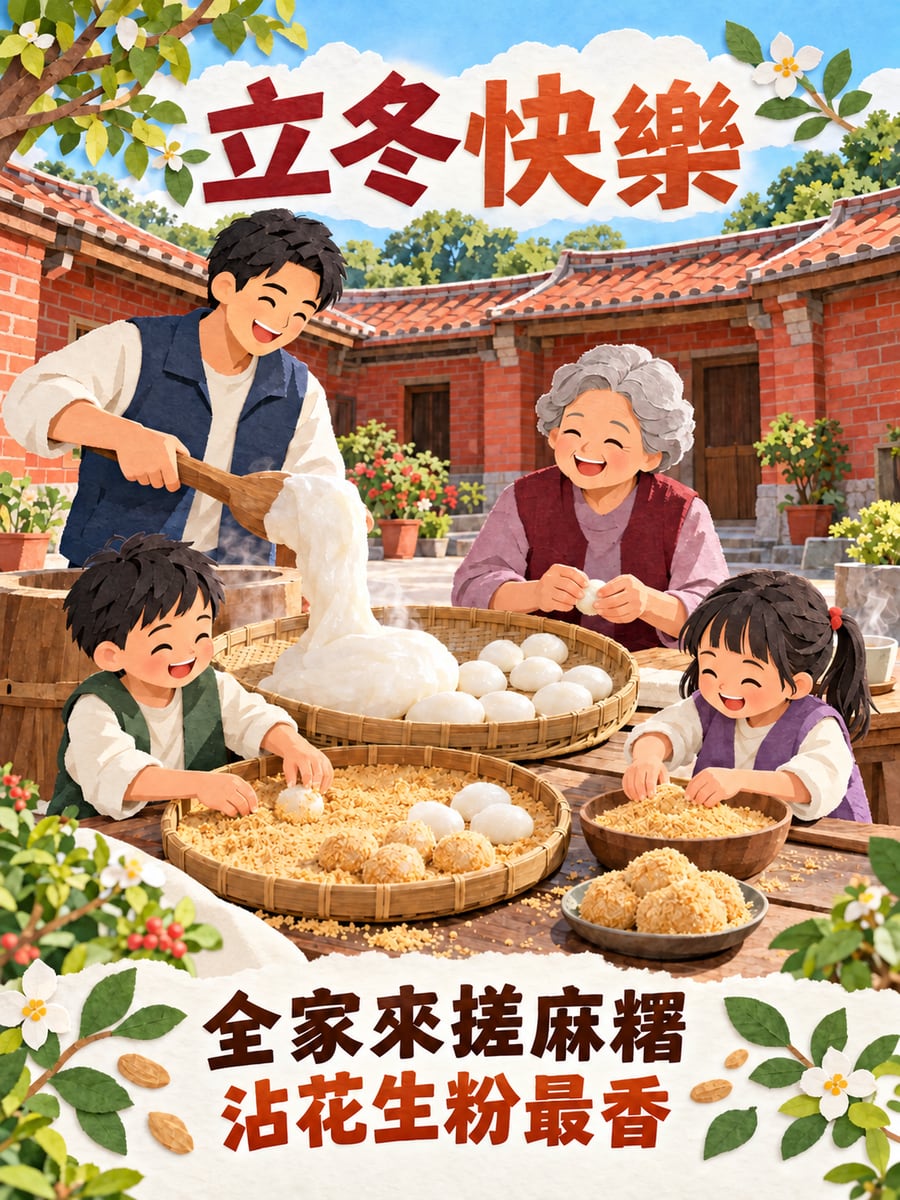 全家搓麻糬。圖中文字：立冬快樂，全家來搓麻糬，沾花生粉最香