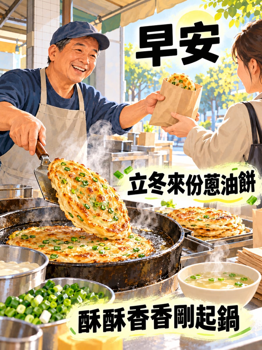 蔥油餅剛起鍋。圖中文字：早安，立冬來份蔥油餅，酥酥香香剛起鍋
