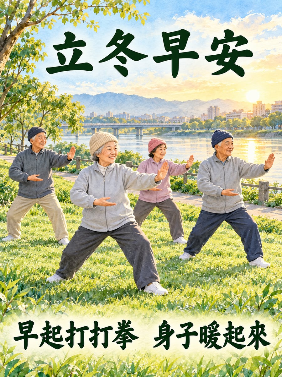 早起打打拳。圖中文字：立冬早安，早起打打拳，身子暖起來