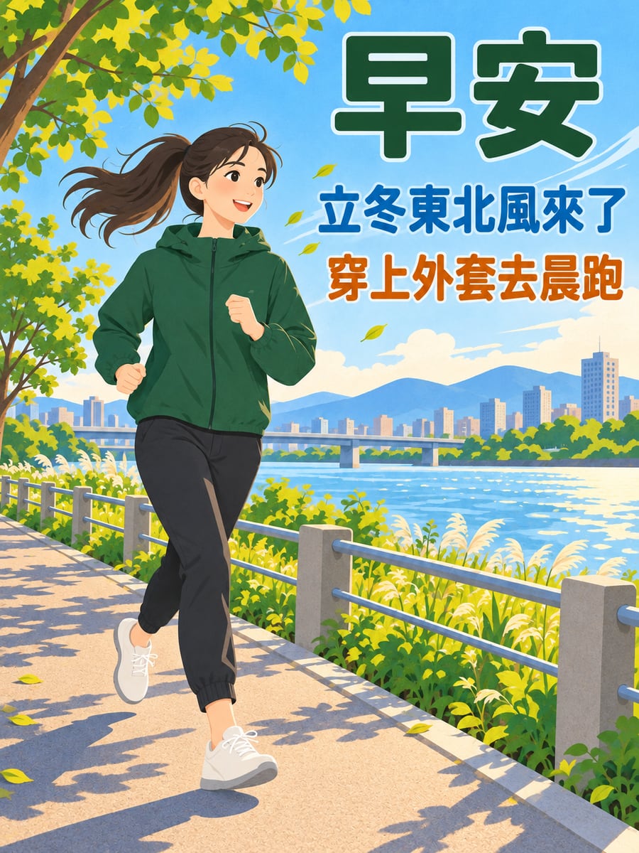 穿外套去晨跑。圖中文字：早安，立冬東北風來了，穿上外套去晨跑