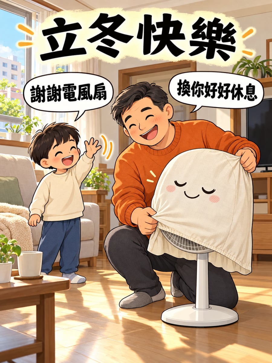 電風扇收起來。圖中文字：立冬快樂，謝謝電風扇，換你好好休息