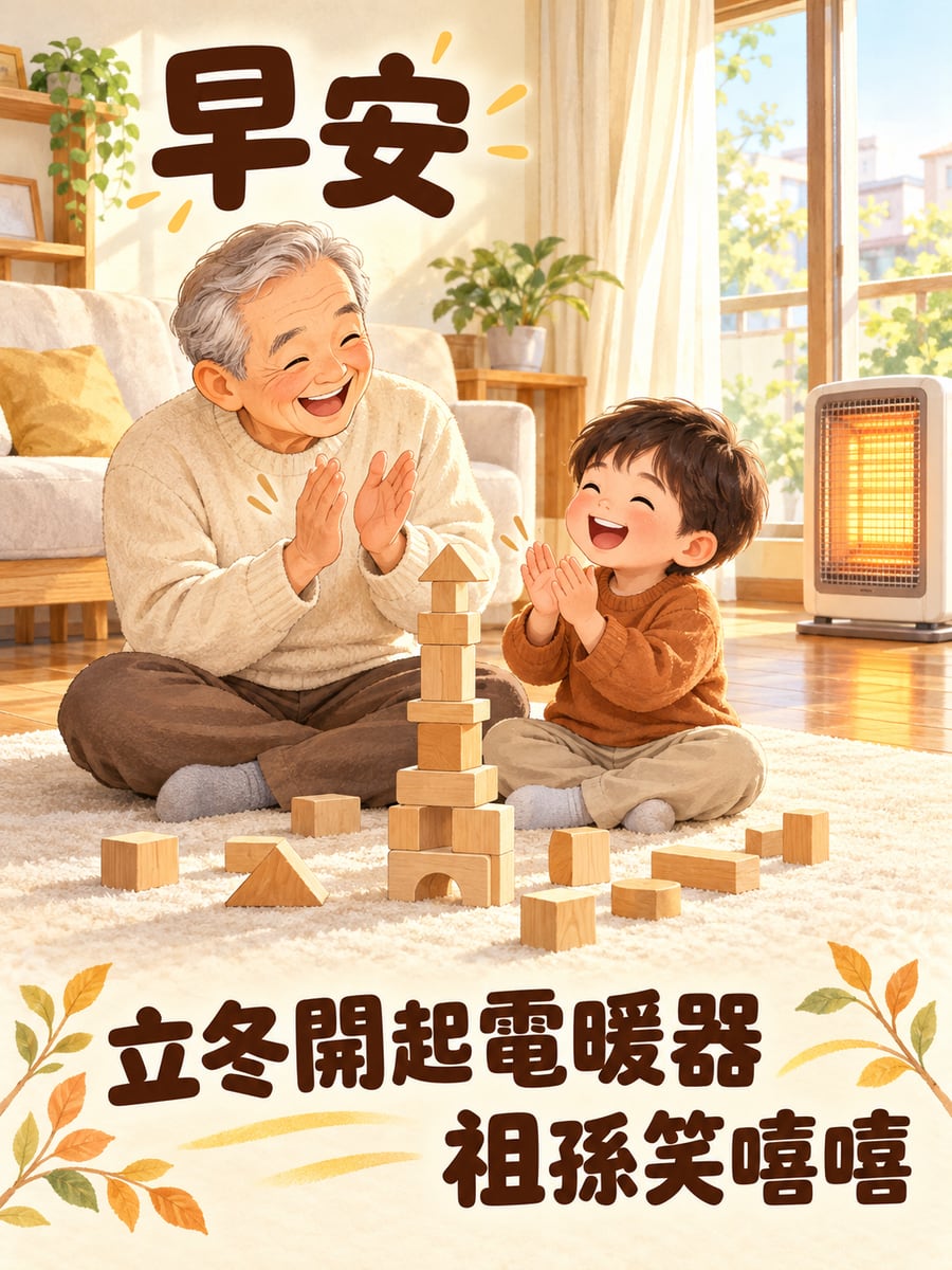 電暖器暖暖的。圖中文字：早安，立冬開起電暖器，祖孫笑嘻嘻