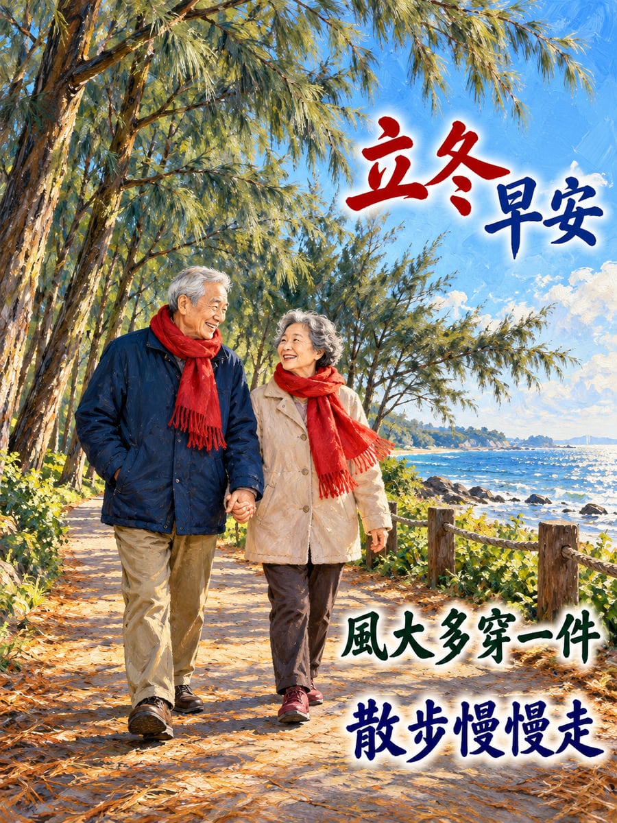 防風林散步。圖中文字：立冬早安，風大多穿一件，散步慢慢走