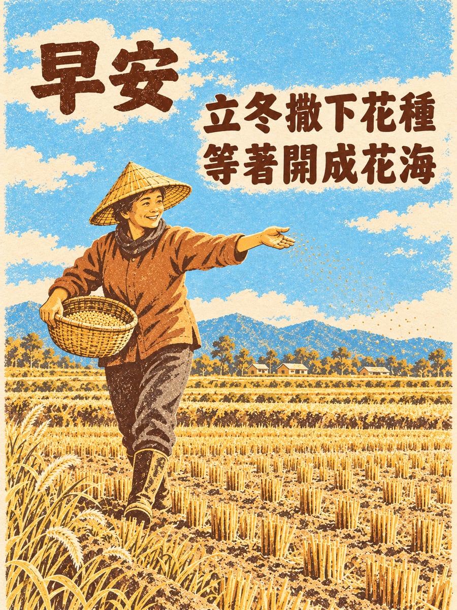撒下油菜花種。圖中文字：早安，立冬撒下花種，等著開成花海