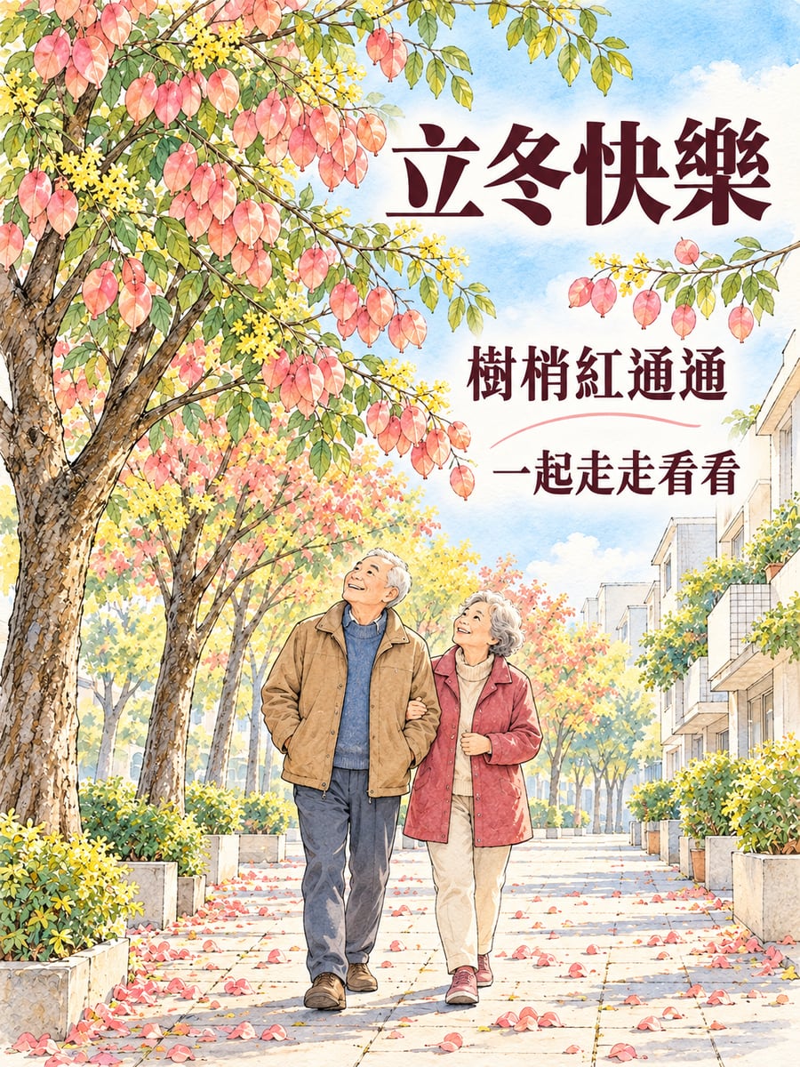 欒樹紅通通。圖中文字：立冬快樂，樹梢紅通通，一起走走看看