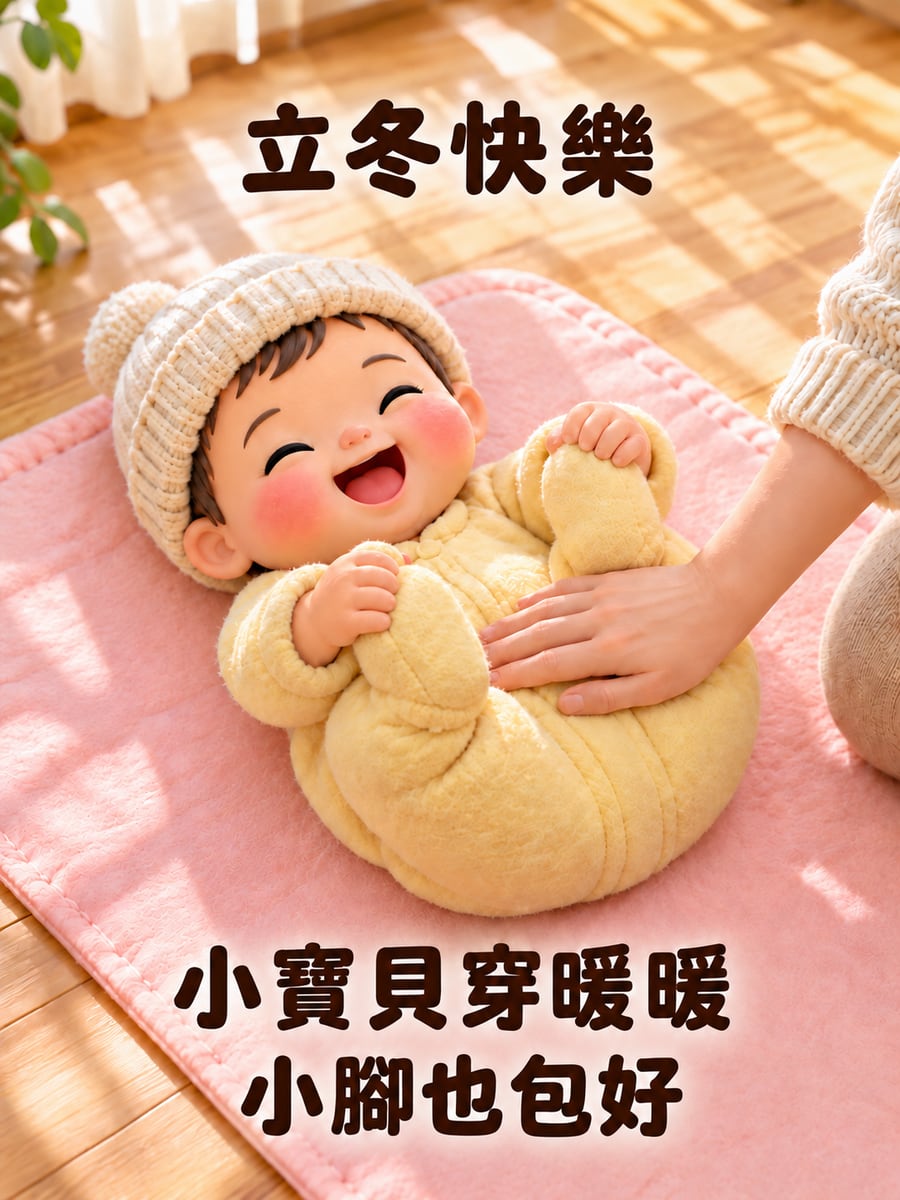 小寶貝包暖暖。圖中文字：立冬快樂，小寶貝穿暖暖，小腳也包好