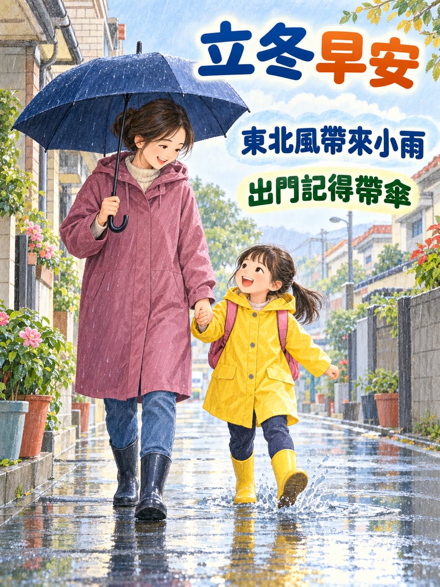 東北風帶來小雨。圖中文字：立冬早安，東北風帶來小雨，出門記得帶傘