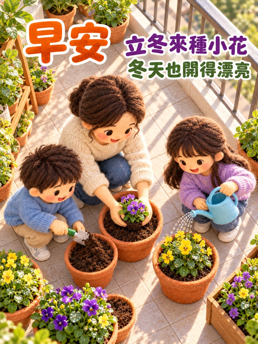 種下冬天的小花。圖中文字：早安，立冬來種小花，冬天也開得漂亮