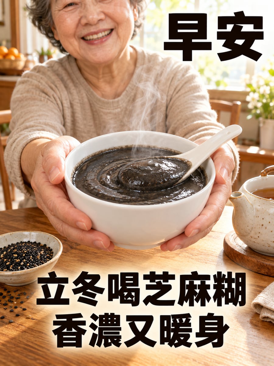 一碗芝麻糊。圖中文字：早安，立冬喝芝麻糊，香濃又暖身