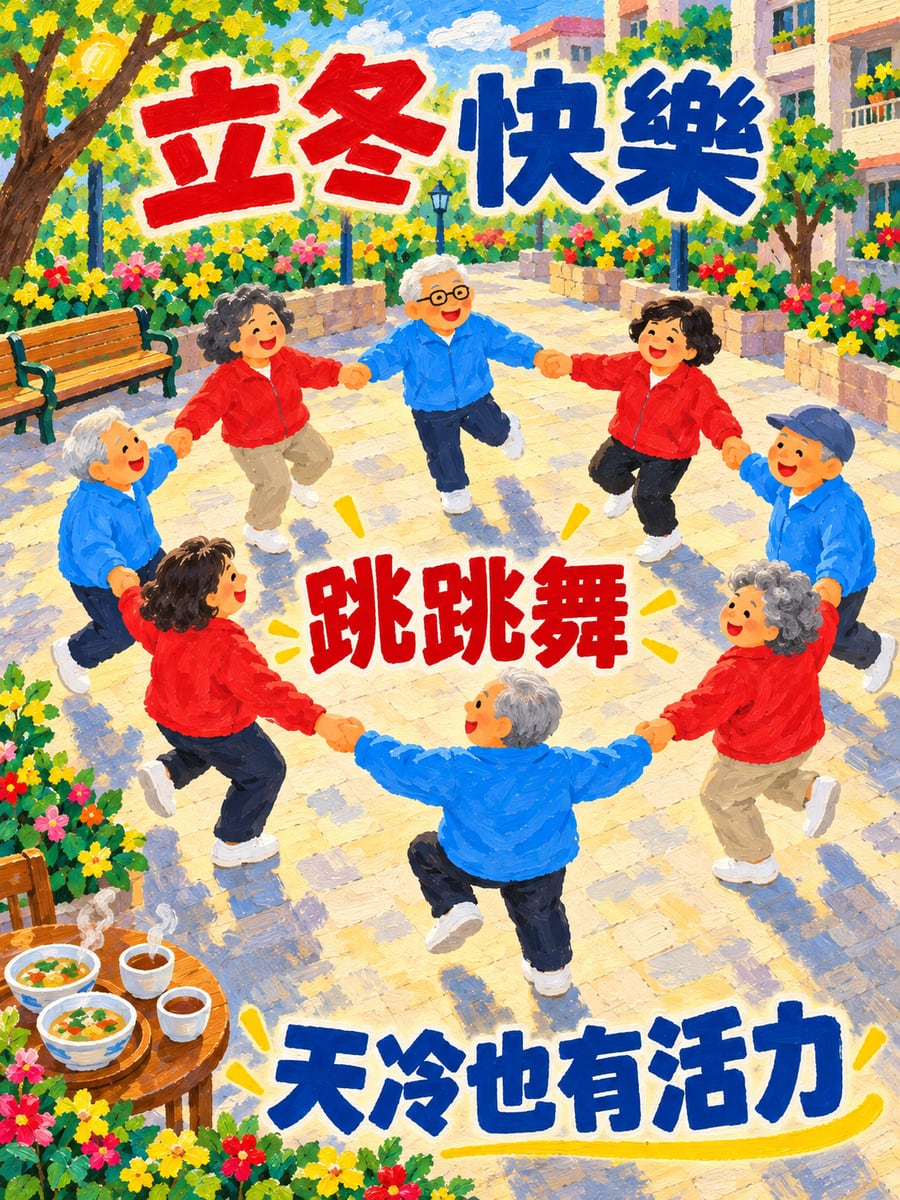 廣場跳土風舞。圖中文字：立冬快樂，跳跳舞，天冷也有活力