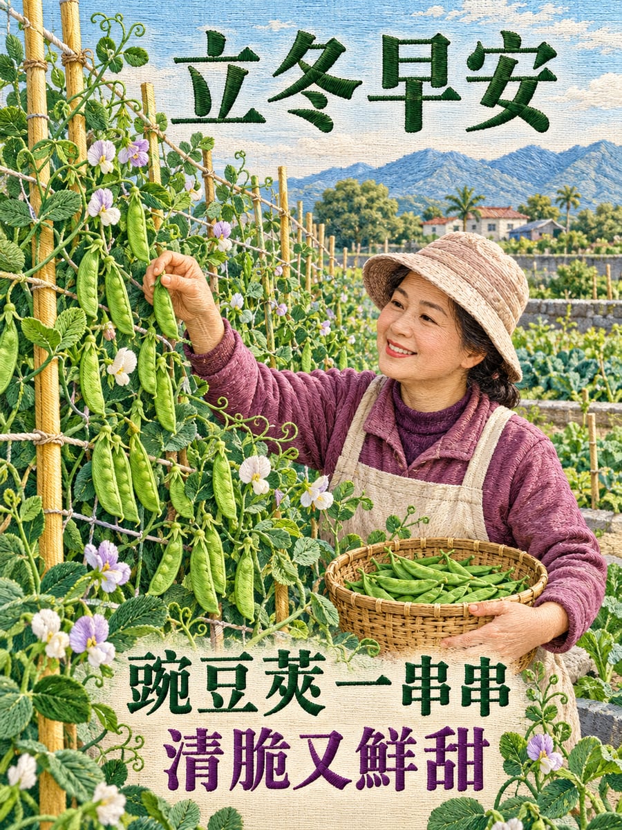 豌豆莢一串串。圖中文字：立冬早安，豌豆莢一串串，清脆又鮮甜