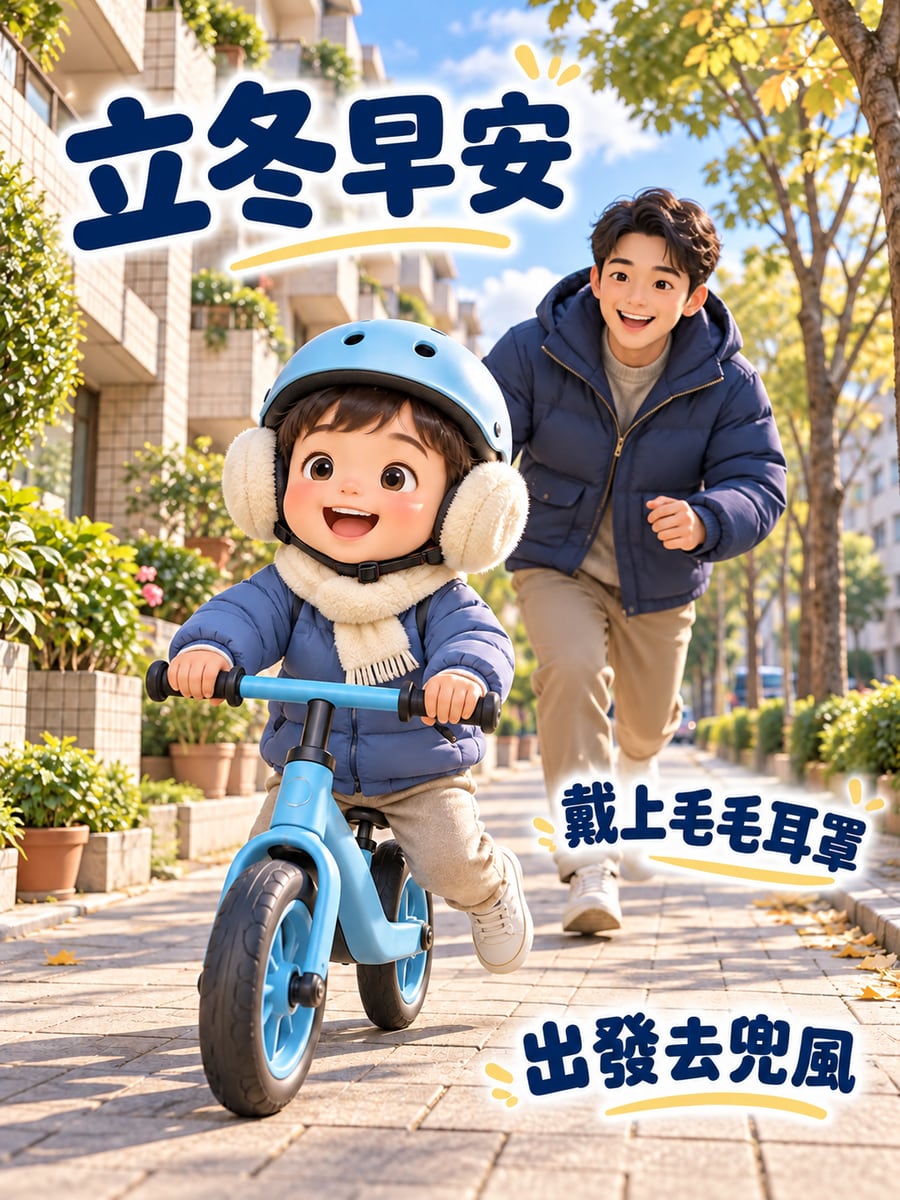 戴上毛毛耳罩。圖中文字：立冬早安，戴上毛毛耳罩，出發去兜風