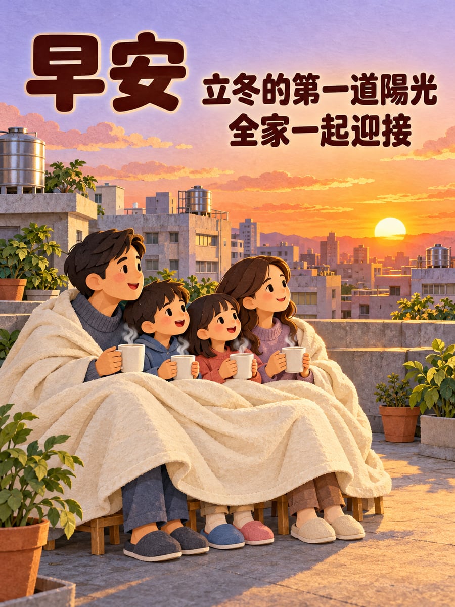 全家裹毯看日出。圖中文字：早安，立冬的第一道陽光，全家一起迎接