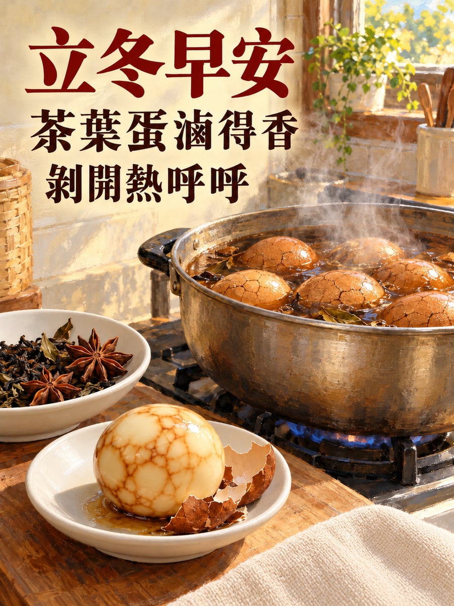 一鍋茶葉蛋。圖中文字：立冬早安，茶葉蛋滷得香，剝開熱呼呼