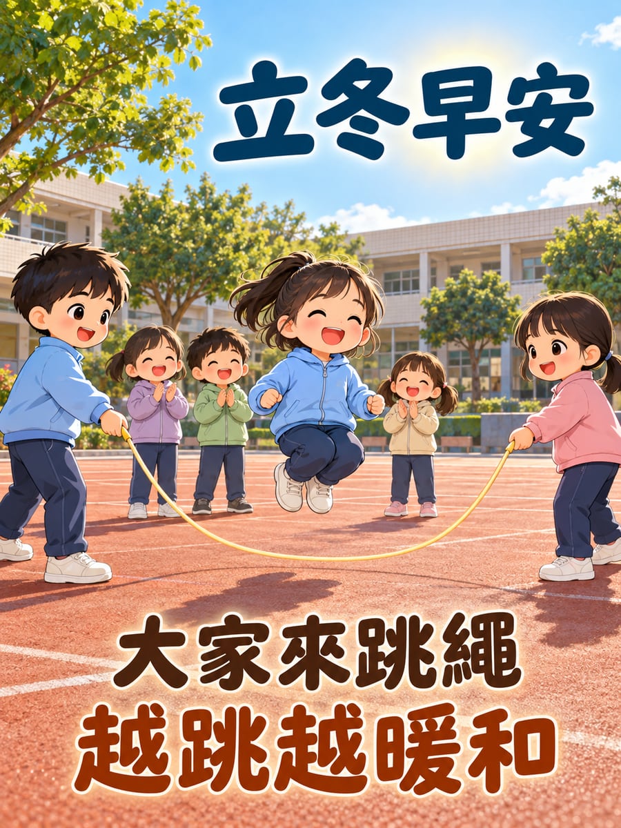 大家來跳繩。圖中文字：立冬早安，大家來跳繩，越跳越暖和